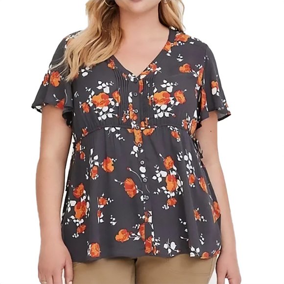 torrid Tops - Torrid Gray Orange White Floral Blouse Top Short-Sleeve N-Neck — 2